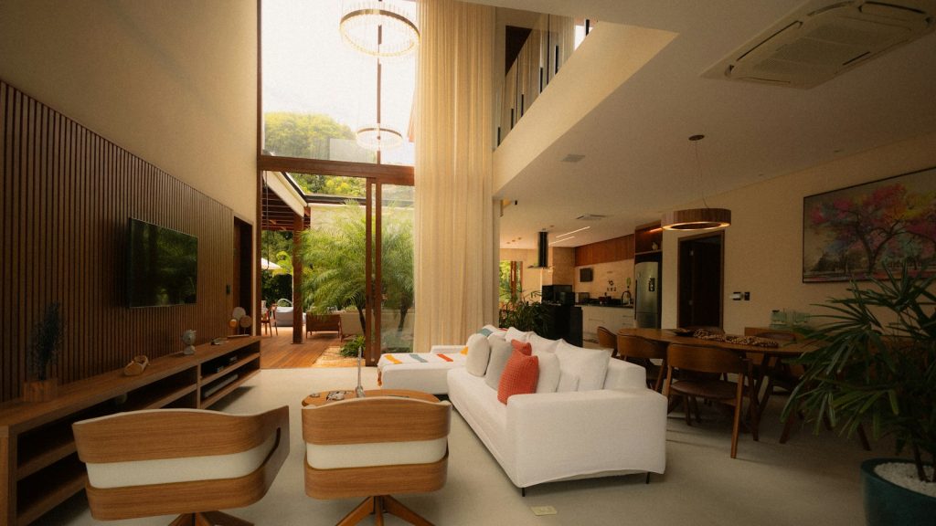 Spacious living room with layered ambient and accent lighting